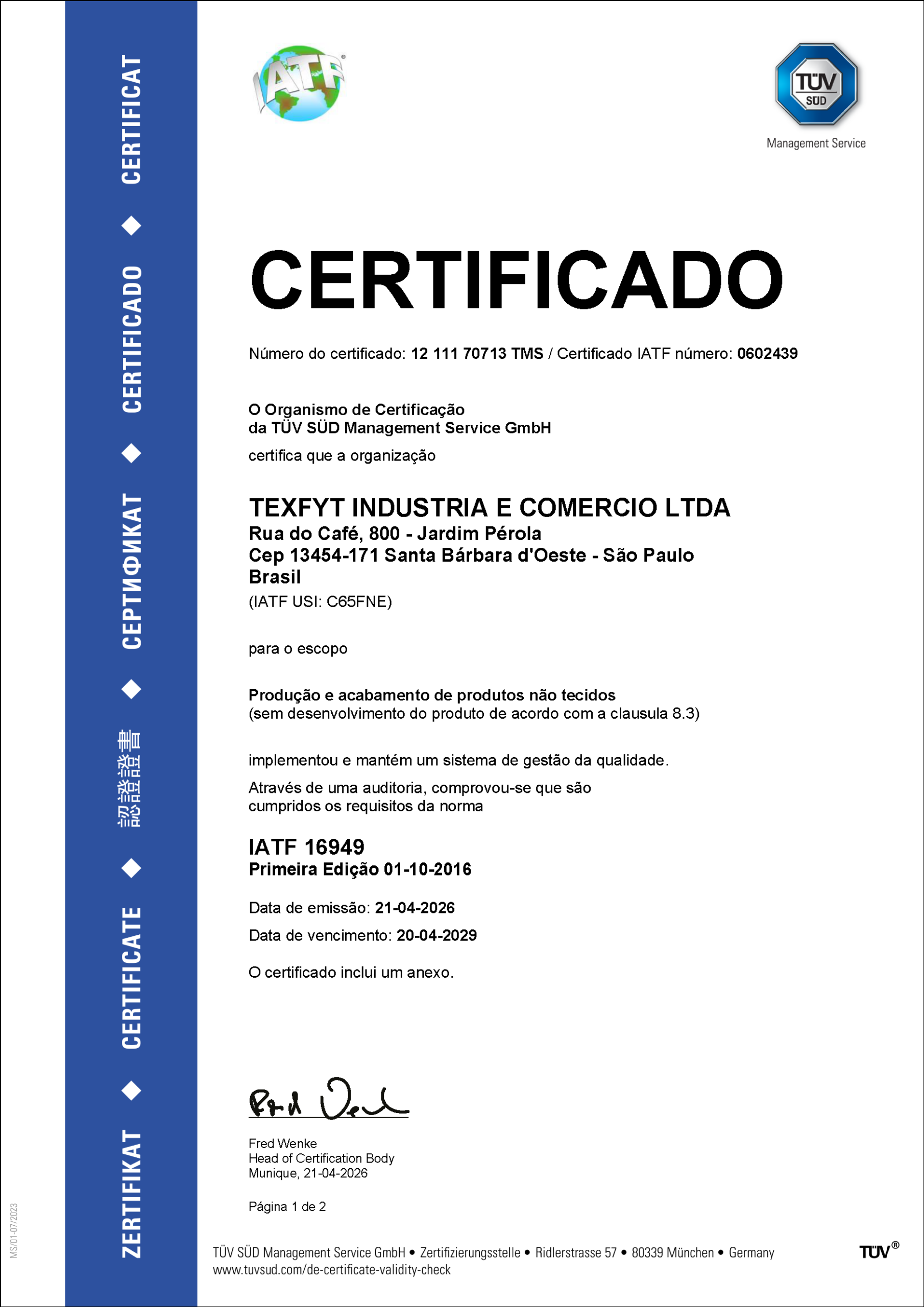 Certificado IATF 16949 da Texfyt – página 1